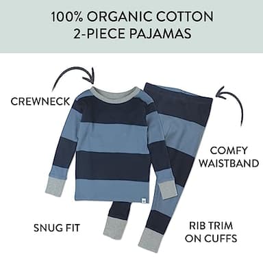 HonestBaby Boys Organic Cotton 2-Piece Snug Fit Pajama Set, Rugby Stripe Navy, 3T - Image 2