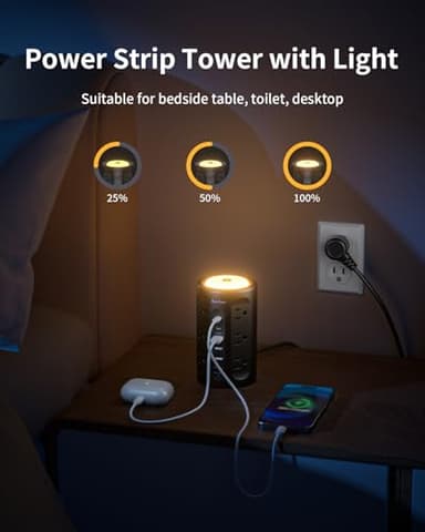 AnnTane Power Strip Tower with Night Light, Power Strip Surge Protector with USB Ports, Extension Cord 10 FT with Multiple Outlets (12AC+3A+2C) for Home Office Desk DormRoom (Black) - Image 5