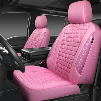 CAR PASS Bling Diamond Pink Leather Car Seat Covers for 2 Front Seats Protector, Waterproof Shining Glitter Sparkly Crystal Universal Armrest Fit Automotive Truck SUV Cute Women Girl, Pink Rhinestone - Image 1