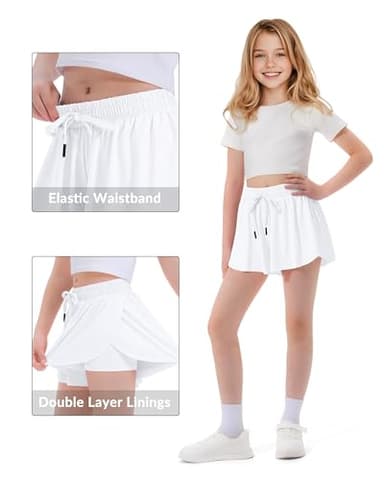 Witwot Butterfly Shorts Girls, 2-in-1 Teen/Kids Girl Flowy Short, 9-10 Years, White - Image 4