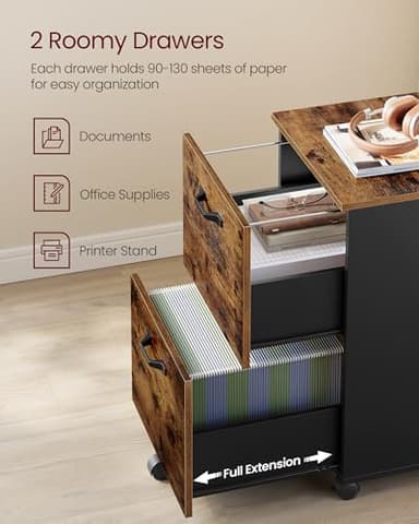 VASAGLE 2-Drawer File Cabinet, Small Rolling Filing Cabinet for Home Office, Printer Stand, for A4, Letter-Size Documents, 15.7 x 16.5 x 27.6 Inches, Rustic Brown and Ink Black UOFC040B01 - Image 4