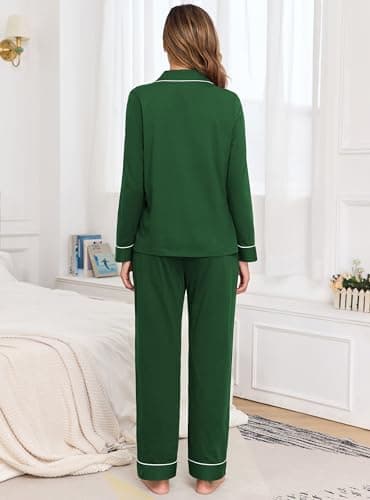 Veseacky 100% Cotton Pajamas for Women Set Long Sleeve Button Down Sleepwear Soft Pjs Lounge Sets with Pockets (Green,M) - Image 5