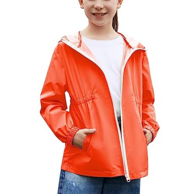 MODAFANS Girls Boys Rain Jacket Lightweight Waterproof Hooded RainCoats Windbreaker for Outdoor 4-5T,Shiny Orange - Image 1