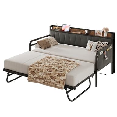 LIKIMIO Daybed with Trundle Bed, Twin Bed Frame with Storage Headboard and Charging Station, Sofa Day Bed with Strong Supports for Living Room, Bedroom, and Guest Room, Grey - Image 1