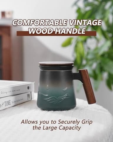 ZENS Embossed Ceramic Tea Mug with Infuser and Lid, 14.5 oz Wooden Handle, Loose Leaf Tea Steeper Cup & Strainer for Tea Lovers Gifts - Image 9