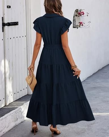 dowerme Women's Summer Casual Dresses 2025 Cap Ruffle Sleeve V Neck Button Belted Tiered Boho Maxi Dress with Pockets(Navy,Large) - Image 5