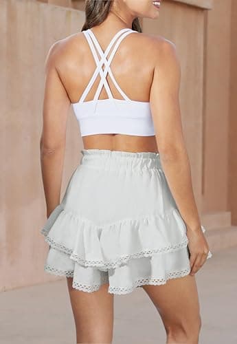 COPYLEAF Ruffle Skorts for Woman Boho Tiered Flowy Short Skirt High Waist Mini Skirts Casual Summer Beach Outfits(White M) - Image 2