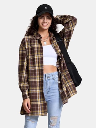 EXLURA Womens Plaid Flannel Shacket Long Sleeve Button Down Shirts Long Jackets Oversized Fall Fashion Outfits 2025 Clothes Yellow Brown - Image 5