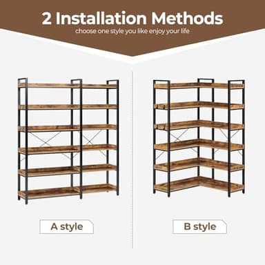 Rolanstar Bookshelf 6 Tier with 4 Hooks, Reversible Corner Bookshelf, 69" Industrial Wooden Bookcase with Open Shelves and Metal Frame for Living Room, Bedroom, Home Office, Rustic Brown - Image 7