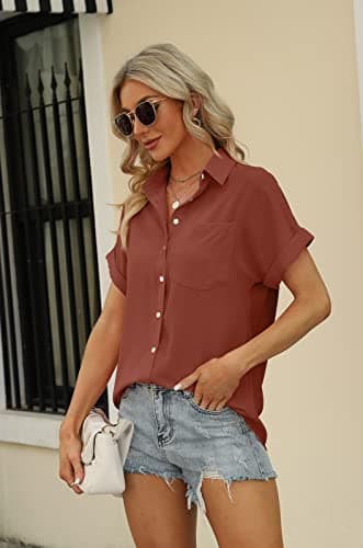 Beautife Womens Short Sleeve Shirts V Neck Collared Button Down Shirt Tops with Pockets (Medium, Brick red) - Image 2