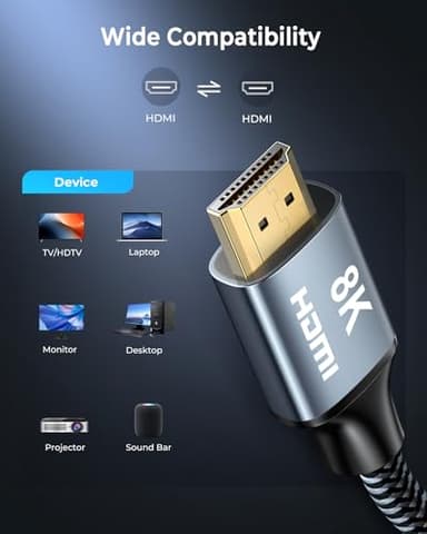 CABNEER 8K HDMI Cable 10 ft 2Pack, 48Gbps High Speed HDMI 2.1 Cable, Braided HDMI Cable 2.1 8K 60Hz 4K 120Hz Support for HDR eARC HDCP 2.2/2.3, HDMI Cord Compatible with HDTV, Laptop, Monitor, PC - Image 7
