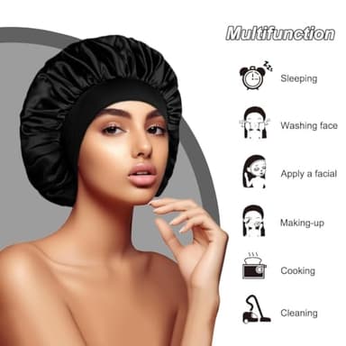 KEPUWAY Satin Silk Bonnet for Sleeping, Silk Hair Bonnets for Sleeping Women, Black Widesoft Band Satin Sleep Cap Hair Wrap for Curly Hair showercap - Image 6