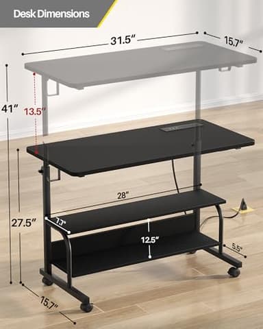 Armocity Height Adjustable Standing Desk with Power Outlets, 32" Manual Stand Up Desk with Storage Shelves Small Mobile Rolling Computer Desk Portable Laptop Table with Wheels for Home Office, Black - Image 3