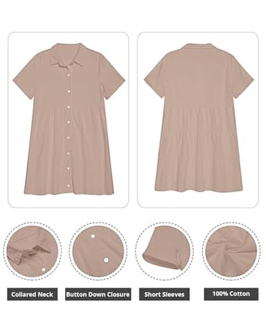 GRAPENT Denim Dress for Women Babydoll Tiered Short Sleeve Button Down Jean Shirt Dresses Light Taupe Oversized Boyfriend Loose Fit Large Size 12 Size 14 - Image 5