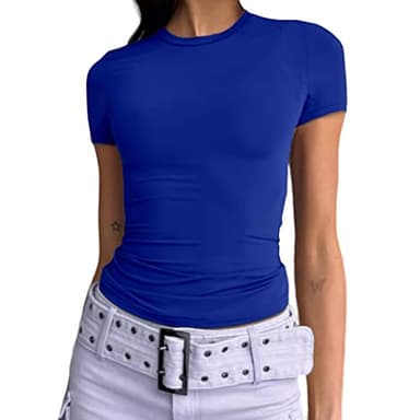 Dwnval Womens Sexy Basic T Shirts Summer Short Sleeve Crewneck Slim Fit Cute Crop Tops(Royal Blue, S) - Image 1