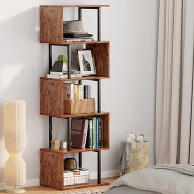 Furologee 6 Tier Bookshelf, Tall S Shaped Geometric Bookcase, Modern Display Shelf Standing Unit, Wood Metal Decorative Divider Rack for Living Room Bedroom Office, Rustic Brown - Image 2