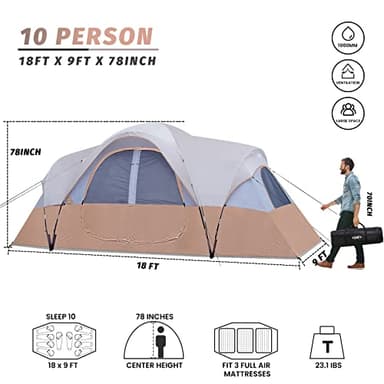 UNP Camping Tent 10-Person-Family Tents, Parties, Music Festival Tent, Big, Easy Up, 5 Large Mesh Windows, Double Layer, 2 Room, Waterproof, Weather Resistant, 18ft x 9ft x78in (Khaki Brown) - Image 3