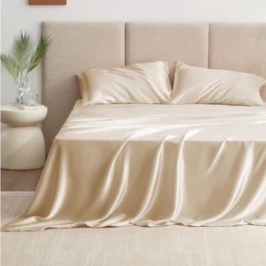 Love's cabin Full Size Satin Sheet Sets - 4 Piece Beige Silky Sheet Set with Deep Pocket, Luxury Silk Feel Satin Sheets Full Bedding Set (1 Flat Sheet,1 Fitted Sheet,2 Pillow Cases) - Image 3
