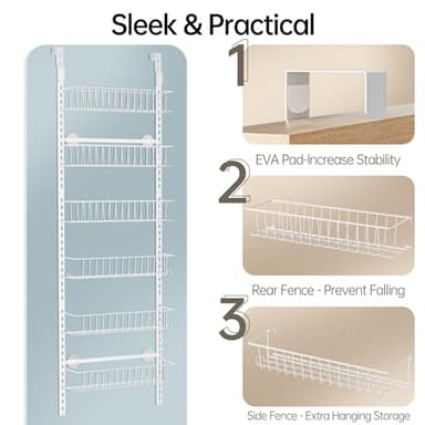 Delamu Adjustable Cabinet Door Organizer, 6-Tier Hanging Spice Rack Organizer, Metal Over the Door Pantry Organizer, Pantry Organizers and Storage Shelves for Kitchen Bathroom Laundry Room, White M - Image 7