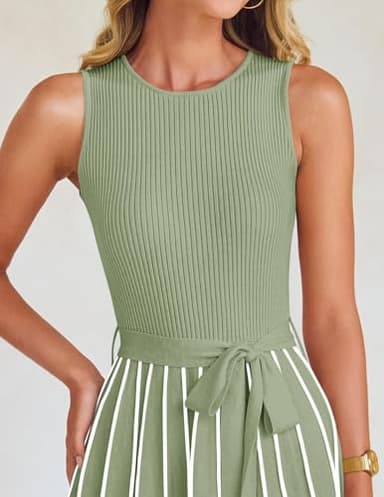 ZESICA Women's Summer Sleeveless Midi Dress 2025 Crewneck Ribbed Knit Tie Waist Casual A Line Swing Dresses,LightGreen,Medium - Image 4