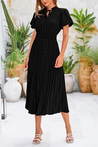 PRETTYGARDEN Womens Summer Midi Dresses Puff Short Sleeve V Neck Swiss Dot Pleated A Line Flowy Long Wedding Guest Dress (Black,Large) - Image 8