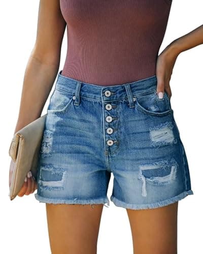 ZOLUCKY Women's Stretch Jean Shorts Mid Waist Distressed Frayed Raw Hem Denim Shorts for Women Blue XXL - Image 1