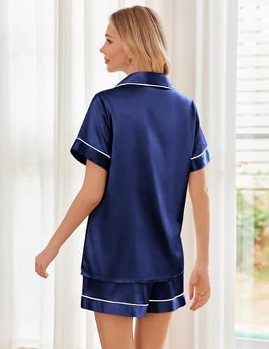 Ekouaer Pajamas for Women Sets Silky Soft Sleepwear Satin Short Sleeve Pjs Comfortable Button Up Loungewear 2 Piece Set,Navy,L - Image 2