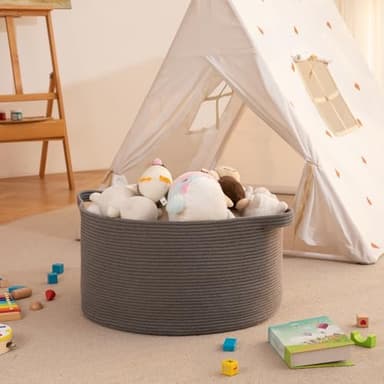 OIAHOMY 90L Large Blanket Basket with Handle, Blanket Storage for Living Room 23" x 23" x 13", Laundry Basket for Blankets, Pillows, Large Woven Rope Baskets for Kids, Dogs Toys - Grey - Image 6