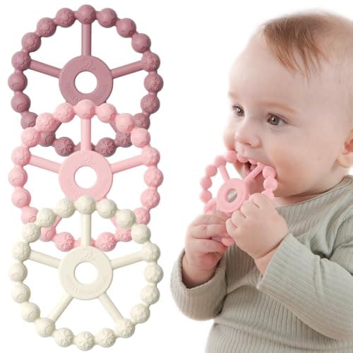 3 Pack Ring Teether Baby Infant Toys, Baby Essentials, Silicone Teething Ring Toys for Babies 6 Months, Seposeve Toddler Teethers 6-12 Months 12-24 Months, Infant Teething Relief, Purple Pink White - Image 1