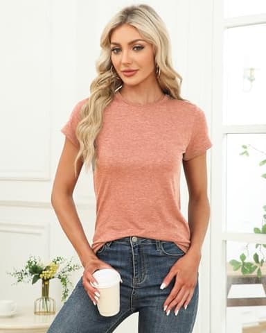 Memorose Women Short Sleeve Shirts Tops Fall Tunic Causal Fashion Round Neck Basic Tee LightOrange XL - Image 2