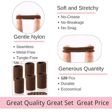 LuSeren 120 Pcs No Damage Hair Ties for Thick Hair, Large Soft Seamless Nylon Hair Elastics for Women, Ponytail Holders, Hair Accessories – brown - Image 3