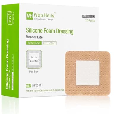 NeuHeils Silicone Foam Dressing Gentle Border Lite 2''x2'', Pad Size 1''x1'', 20 Pack for Small Bed Sore Pressure Ulcer Wound Bandages Patches - Image 1