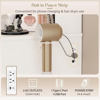 JUMMICO 35.4" Vanity Desk with LED Mirror & Power Outlet, Makeup Vanity Table with 3 Open Storage Shelves, Drawers and Cabinet, 3 Model Adjustable Lights for Bedroom & Dressing Room (White) - Image 3