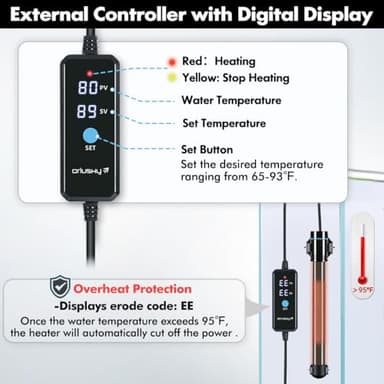 Orlushy 500W Submersible Aquarium Heater, Adjustable Fish Tank Heater with Digital Display External Controller, Overheat Protection and Free Thermometer for 55-80 Gallons Freshwater and Saltwater Tank - Image 2