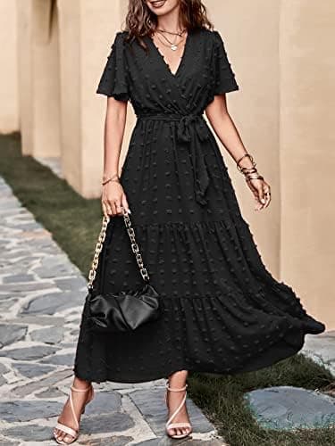 MASCOMODA Womens Summer Swiss Dot Maxi Dressses Wrap V Neck Flutter Short Sleeve Boho Casual Flowy Long Wedding Guest Dress - Image 4