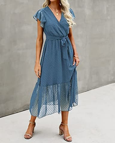 BTFBM Women Summer Bohemian Floral Casual Wrap V Neck Ruffle Cap Sleeveless Belt A-Line Pleated Hem Swing Midi Sun Dress (Swiss Dot Grey Blue, l) - Image 2