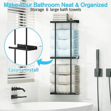 Towel Rack for Bathroom, Wall Mounted Vertical Rolled Towel Storage Organizer Holder with Shelf, Holds Up 6 Large Bath Sheets, Black Large Size - Image 9