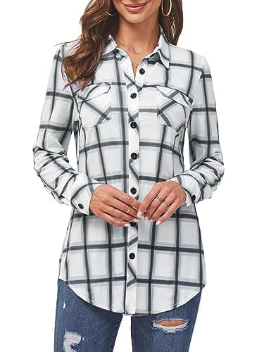 DJT Womens Soft Stretchy Knit Button Down Shirts for Women Roll Up Long Sleeve Going Out Tops Plaid Shirt Blouses Medium White Plaid - Image 3