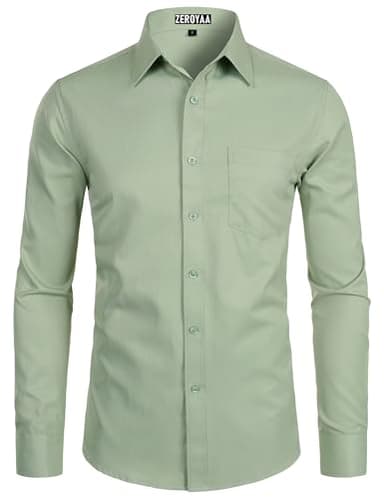 ZEROYAA Men's Long Sleeve Dress Shirt Solid Slim Fit Casual Business Formal Button Up Shirts with Pocket Sage Green XL - Image 1