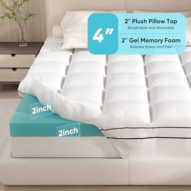 Memory Foam Mattress Topper Queen Size, Dual Layer 4 Inch Mattress Pad,2 Inch Gel Memory Foam Plus 2 Inch Pillow Top Cover with 8-21 Inch Deep Pocket - Image 2