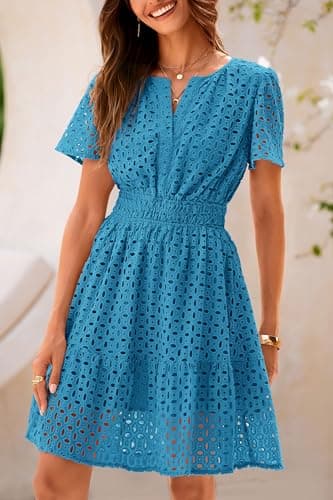 PRETTYGARDEN Womens 2025 Summer Short Dress V Neck Short Sleeve A Line Hollow Out Lace Ruffle Cute Casual Beach Party Dresses (Lake Blue,Large) - Image 3