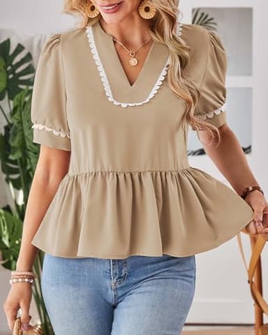 Cakulo Peplum Tops for Women 2025 Babydoll Summer Short Puff Sleeve V Neck Flowy Ladies Top Blouses Khaki S - Image 2