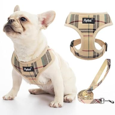 Pupteck Soft Mesh Dog Harness Sized and Leash Set Pet Puppy Cat Comfort Padded Vest No Pull Harnesses, Beige, Medium - Image 1