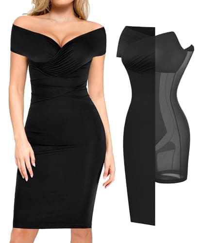 Popilush Off Shoulder Shapewear Dress Formal Cocktail Party Bodycon Midi Dresses for Women Wedding Guest Fall Evening Gown Black - Image 1