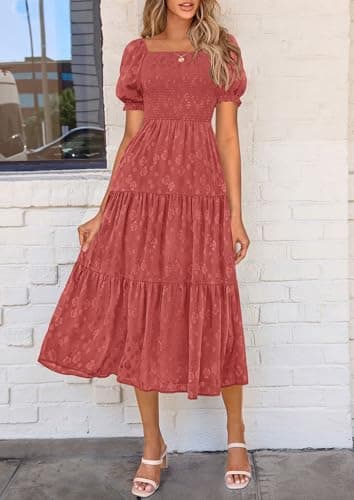 PRETTYGARDEN Women's 2025 Summer Casual Midi Dresses Square Neck Short Sleeve Smocked A Line Floral Flowy Elegant Boho Dress (Bean Paste Red,Medium) - Image 5