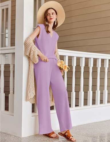 Ekouaer Lounge Sets for Women 2 Piece Outfits Knit Sweater Vest Lounge Pants Casual Matching Loungewear Set Lilac XXL - Image 2