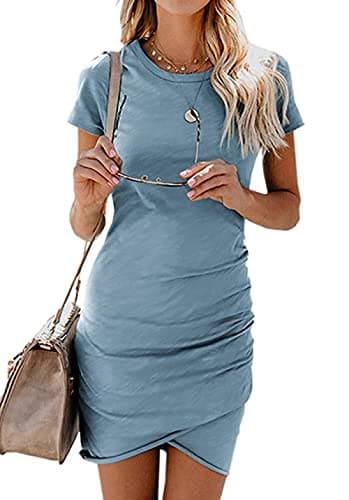 BTFBM Women's 2025 Summer Casual Beach Dresses Crew Neck Short Sleeve Wrap Party Club Mini Ruched Bodycon T Shirt Dress(Blue, Medium) - Image 1