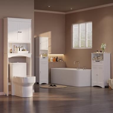 Gizoon Over The Toilet Storage Cabinet with Adjustable Shelf and Double Doors, Bathroom Space Saver Organizer Above Toilet with Open Shelf, Taller Wooden Free Standing Toilet Rack -White - Image 8