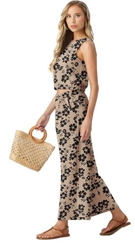 GRECERELLE Two Piece Sets for Women Sleeveless Crop Top Wide Leg Pants Sweat Set for Women 2025 Summer Khaki Black Flower-S - Image 4