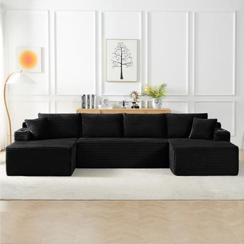134 Inch Cloud Sectional Couch for Living Room,Corduroy Boneless Couches with L-Shape Chaise,Modern Modular Sectional Sofa with Deep Seat,No Assembly Required (Black, U-Shaped Sofa) - Image 1